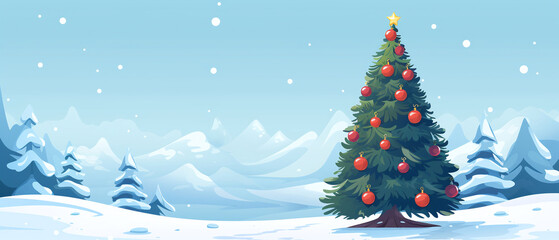 A festive Christmas tree with colorful ornaments in snowy landscape, illustration, Generative ai