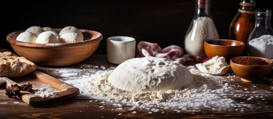 Fototapeta premium Close up of chocolate pie dough being prepared on a table