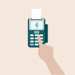 Hand enters the pin code with a finger on the POS terminal. Human pay via payment machine. POS terminal confirms the payment by debit credit card, invoce. Vector illustration in flat design.