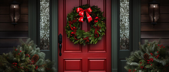 A festive holiday wreath on a front door, Christmas photography, Christmas decoration, Generative ai