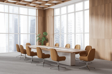 Cozy stylish conference room interior with table and chairs, panoramic window