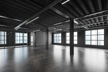 Dark empty office interior with columns and lamps, panoramic window
