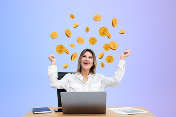 Cheerful young woman is raising hands at the office desk, falling coins
