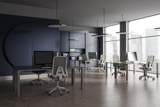 Blue and gray open space office corner