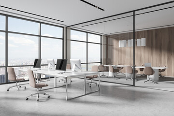 Stylish business interior with coworking and conference room, panoramic window