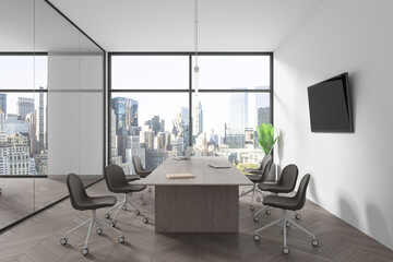 Stylish conference room interior with wooden table and chairs, panoramic window