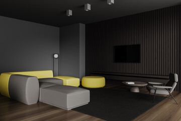 Grey home living room interior with tv and couch with armchairs, lounge zone