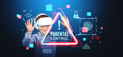 Boy in vr glasses hands touch hologram with parental control and warning sign