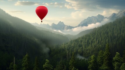A single balloon floating above a dense forest, signifying solitude and adventure in equal measure.