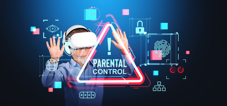 Boy in vr glasses hands touch hologram with parental control and warning sign
