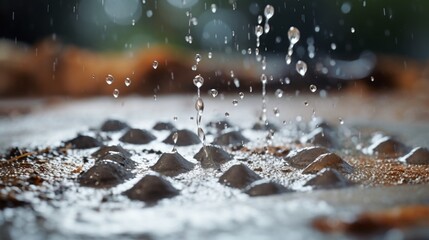 A slow-motion shot of raindrops splashing onto a concrete ground, the droplets erupting in miniature geysers.