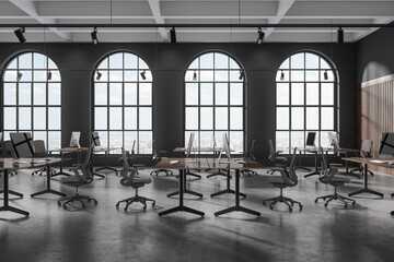 Grey office workplace interior with pc computer in row near panoramic window