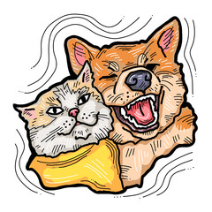 Funny lovely home animals happy playing together. For pet shop or kids room, logo design, party invitation, postcard for friend. Hand drawn illustration. Cartoon style character drawing.