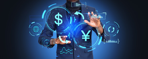 African man hands and yen and dollar conversion, financial graph hologram