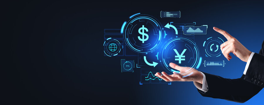 Man hands using yen yuan dollar exchange interface