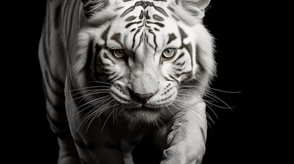 White tiger in front of a black background. Black and white photo.