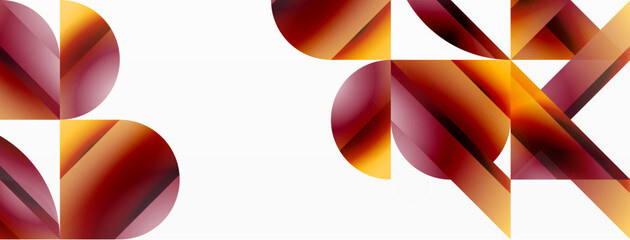 Vibrant color triangles and circles on white background intertwine to create captivating and harmoniously balanced composition for digital designs, presentations, website banners, social media posts