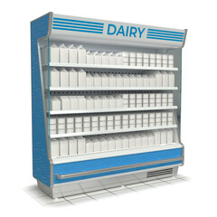 Open refrigerated display case with blank dairy products, blue. 3d illustration