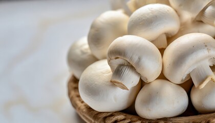Fototapeta na wymiar Fresh White Button Mushrooms Closeup with Copyspace
