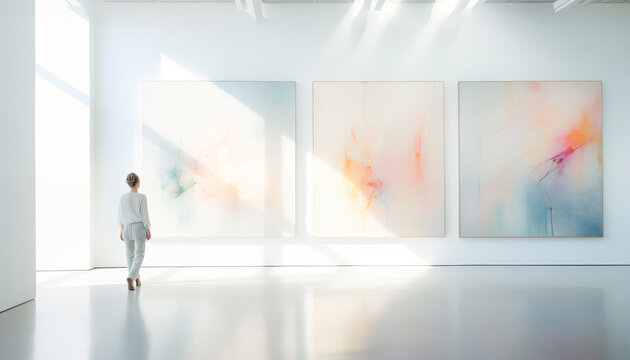 Raum groß hell und weiß in einer Gallerie oder Ausstellung mit abstrakten Gemälden und einem Menschen der die Bilder betrachtet