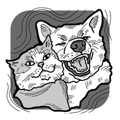 Funny lovely home animals happy playing together. For pet shop or kids room, logo design, party invitation, postcard for friend. Hand drawn illustration. Cartoon style character drawing.