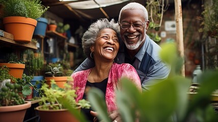 happy african american elderly couple embracing on garden among beautiful plants. wife and husband gardeners sitting outside their house and looking at camera