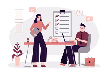 People business meeting, discussion. Male and female cartoon characters communicate and exchange information. Colleagues talking about tasks and plans. Office room interior.