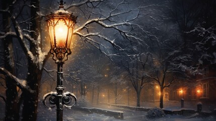 A solitary street lamp illuminating falling snowflakes, casting a warm glow in the cold night.