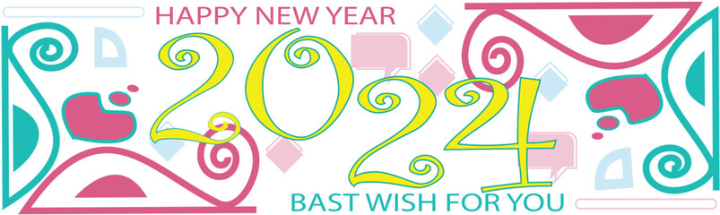 Happy New Year 2024 Banner Design with colorful elements and rectangle box