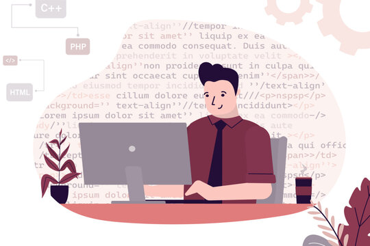 Male programmer or coder sitting at desk and working on computer. Website designer, developer social media wireframe. front-end and back-end programming, software development, program coding.
