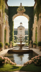 Fototapeta na wymiar An elegant chateau garden is enhanced by a classical water feature, making it an exquisite wide banner for grand garden landscape designs.