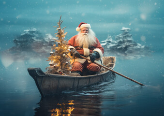 Santa Claus fishing in a boat on the sea. Preparing for the Christmas and New Year holidays - obrazy, fototapety, plakaty