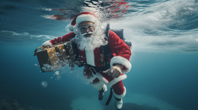 Santa claus in an aqua suit diving in the ocean and carrying a bag of presents. Christmas or New Year gift concept