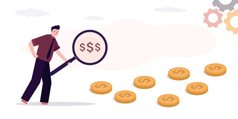 Smart businessman uses magnifying glass looking and follow money coins trail, searching for investment opportunity, financial success, salary raise.