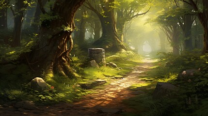 A sun-dappled pathway winding its way through a dense deciduous forest, leaves rustling in the breeze.
