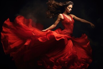 Fiery flamenco dancer with vibrant red dress in motion.