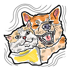 Funny lovely home animals happy playing together. For pet shop or kids room, logo design, party invitation, postcard for friend. Hand drawn illustration. Cartoon style character drawing.