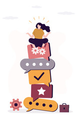 Confident negotiator sitting on pile of speech bubbles. Responsibility, business communication, woman speaker relaxing after difficult negotiations.