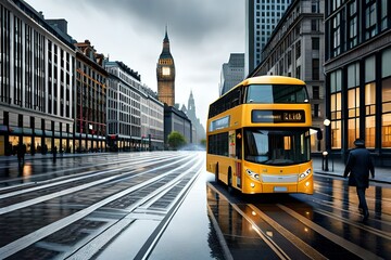 Fototapeta premium Bus driving in a rainy day
