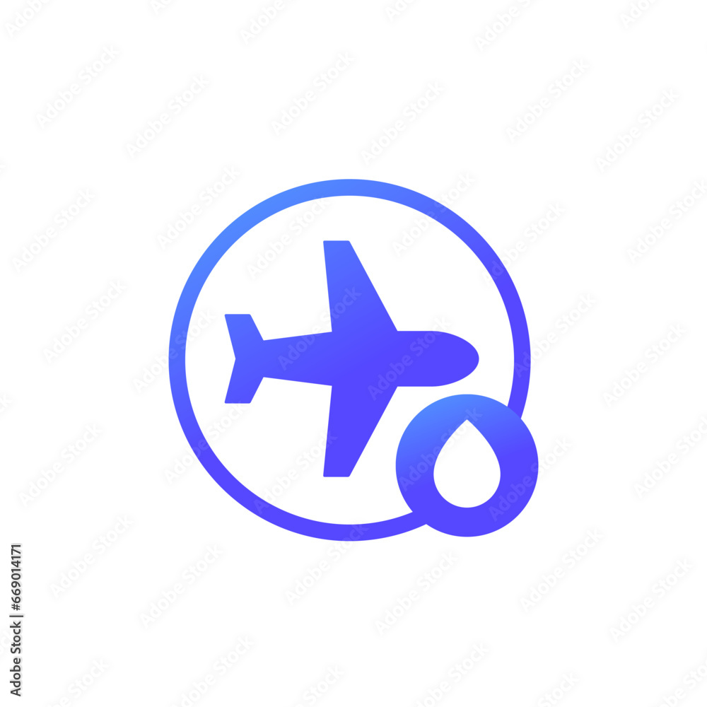 Sticker jet fuel icon with an airplane, clean biofuel for aviation