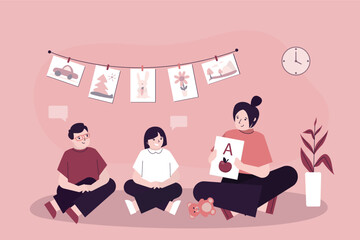 Little kids boy and girl study with teacher. Class room interior. Education process, kindergarten students learn alphabet with tutor. Nursery school baby care center.