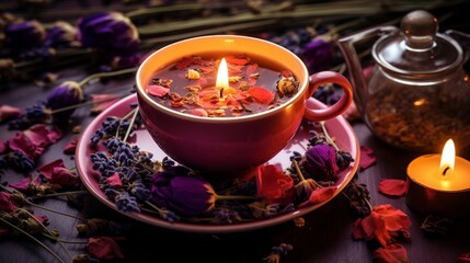 A tea cup brimming with herbal infusion, surrounded by the raw ingredients like lavender and rose petals.