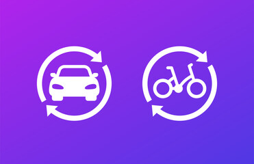 carsharing, rental service icons with a car and a bike