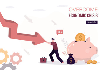 Money and risk management. Overcome financial hardship and bankruptcy, inflation. Smart man stop arrow and protect piggy bank. Resist recession and economic crisis,