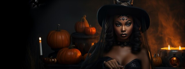 African American woman dressed as a witch on Halloween background