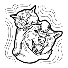 Funny lovely home animals happy playing together. For pet shop or kids room, logo design, party invitation, postcard for friend. Hand drawn illustration. Cartoon style character drawing.