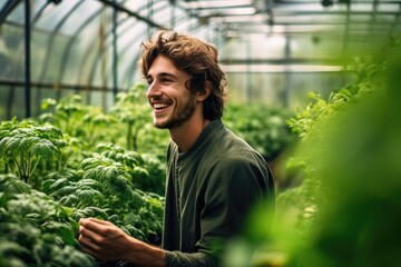 Happy young gardener admiring the growth of plants in a greenhouse.