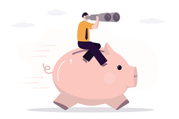 Businessman ride on piggy bank and looking binoculars for searching earnings, income. Money management, savings for retirement. Smart man ride and control piggy bank