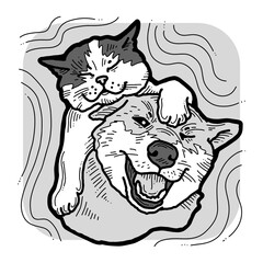 Funny lovely home animals happy playing together. For pet shop or kids room, logo design, party invitation, postcard for friend. Hand drawn illustration. Cartoon style character drawing.