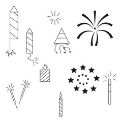 set of firework icons. Fireworks with stars and sparks isolated on white background.